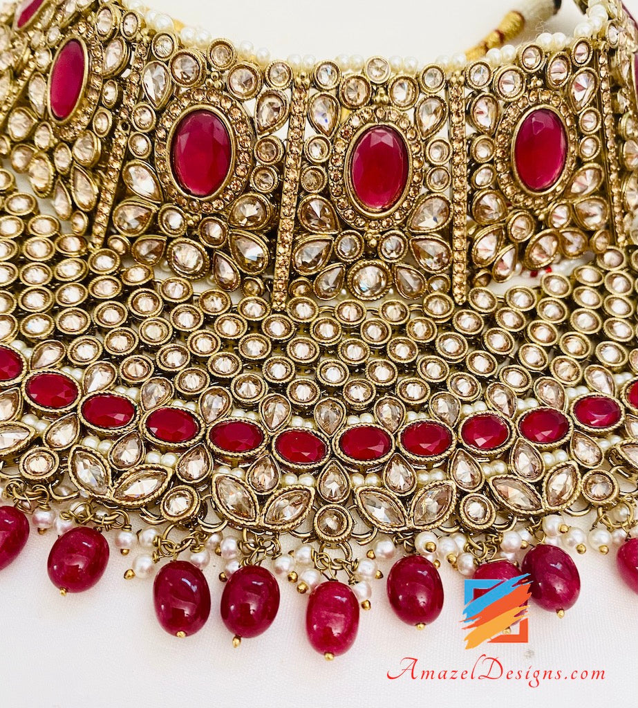 Buy The Opal Factory Gold Plated Traditional Rajasthani Jadau Bridal Dulhan  Jewellery Set Heavy Choker Necklace with Earrings, Maang Tikka in Kundan  and Pearls for Women (Gold) Online at Best Prices in